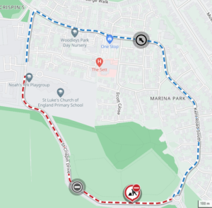 Map of St Cripsin Drive showing diversion route via Kent Road South