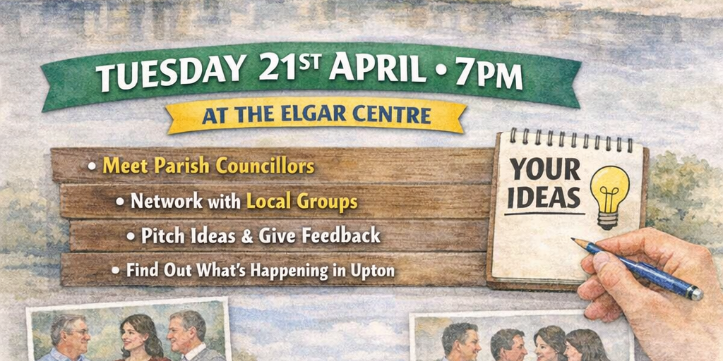 Poster for the Annual Parish Meeting in Upton on 21 April at 7pm, with free refreshments offered.