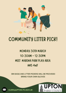 Illustration of three people picking up litter at Marina Park with text: Community Litter Pick! Monday 30th March, 10:30am–12:30pm, meet at Marina Park Play Area, NN5 4WF. Bin bags and litter pickers provided. Bring your own gloves.