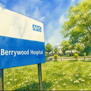 A large NHS Berrywood Hospital sign stands on grass, noting a Parish Council meeting change of venue.