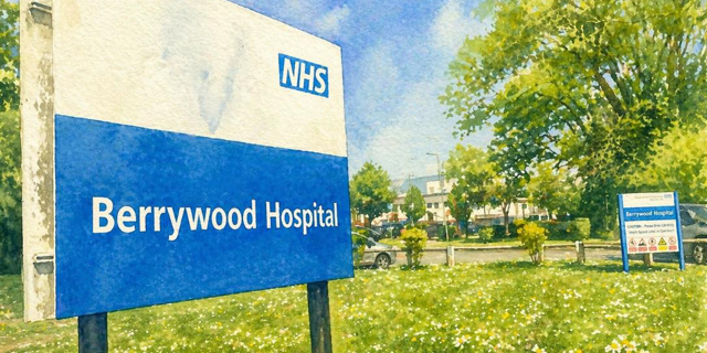 Berrywood Hospital A large NHS Berrywood Hospital sign stands on grass, noting a Parish Council meeting change of venue.